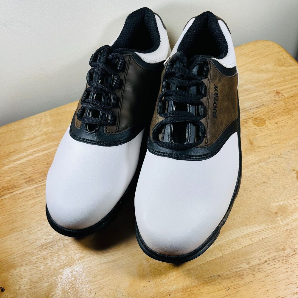 FootJoy GreenJoys Mens Shoes Size 9 White Brown Black Saddle Golf Spikes 45516 - Picture 3 of 10